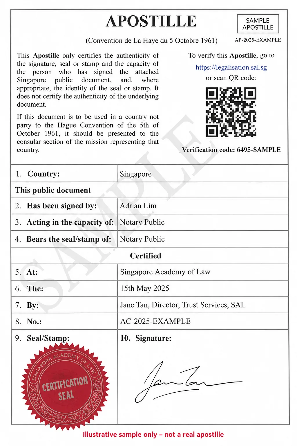 Sample Singapore apostille from the Singapore Academy of Law