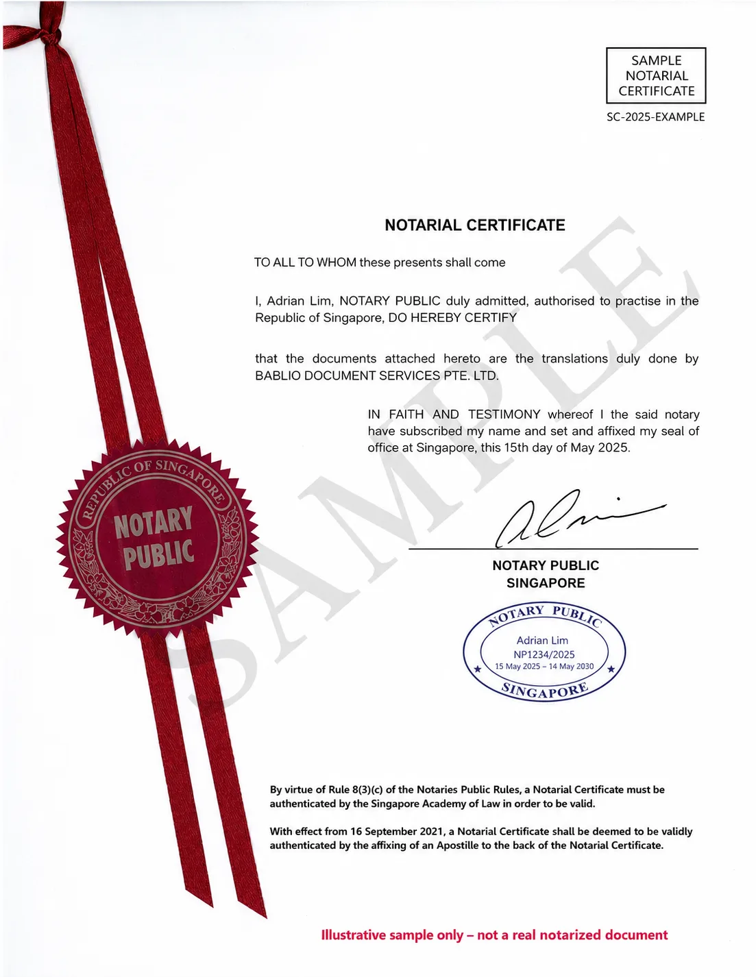 Sample notarial certificate for a certified translation in Singapore